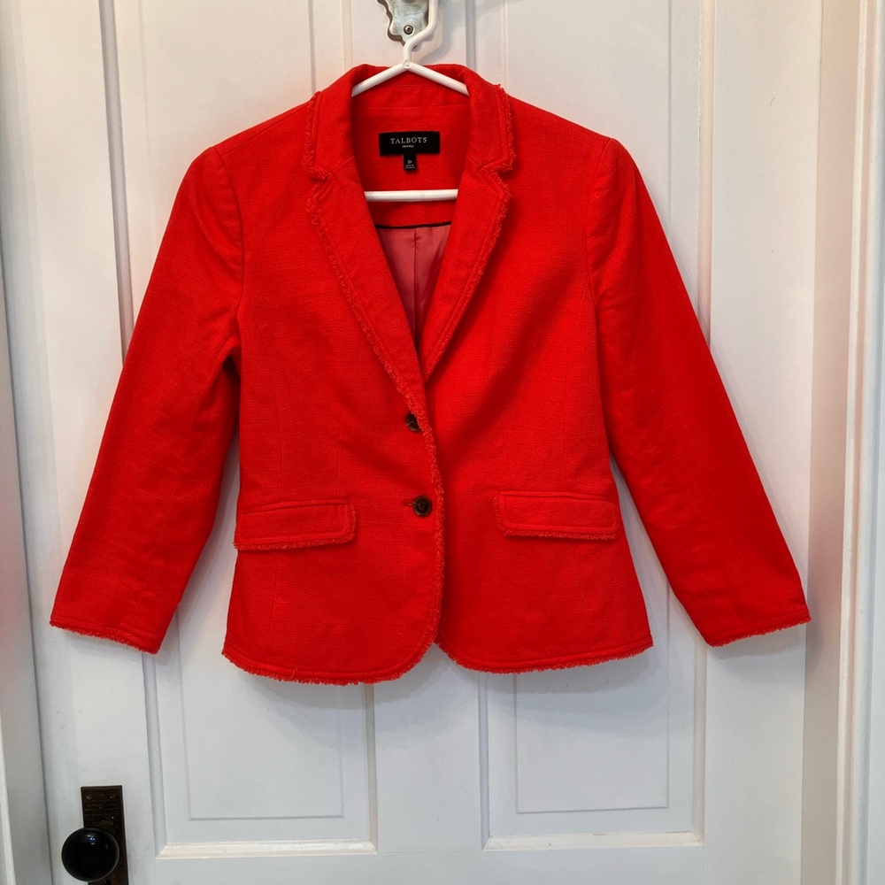 Talbots Coral Red Cotton Tweed Boucle 2-Button Blazer size 2P